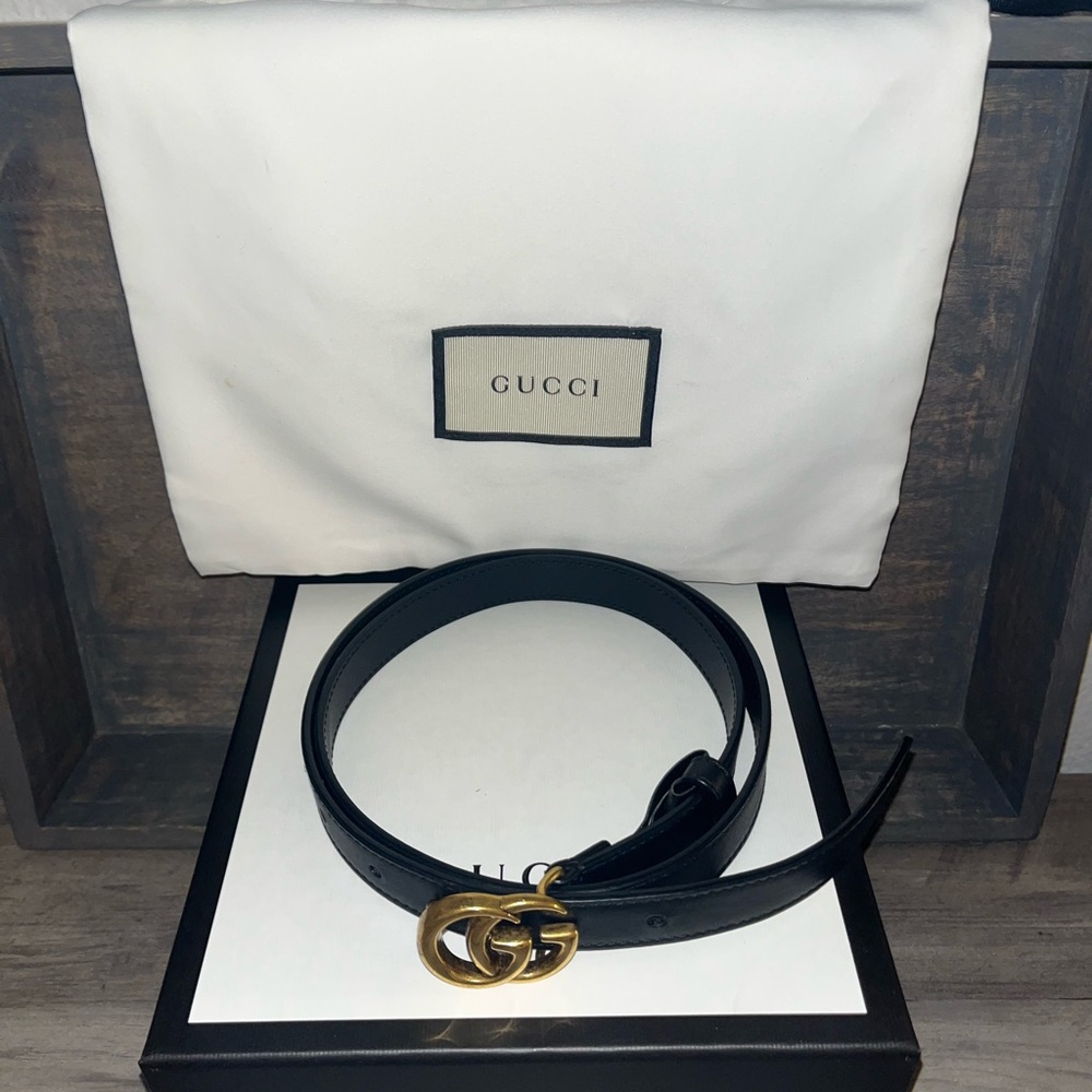 BLACK LEATHER GG MARMONT THIN BELT